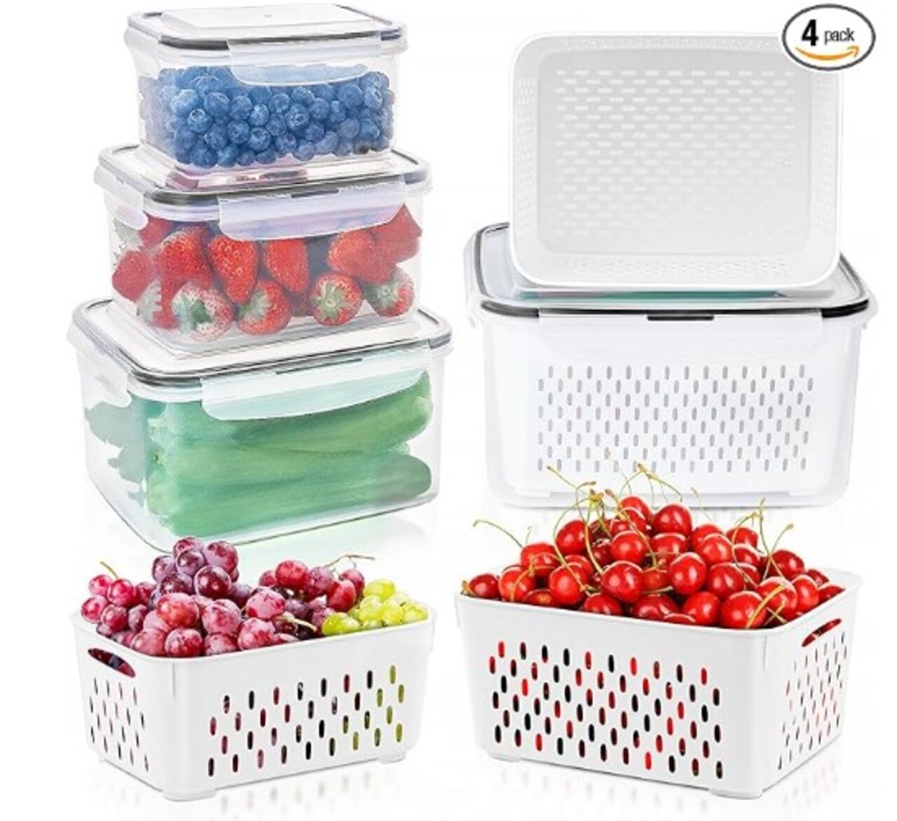 4 PCS Fridge Fruit Storage Containers with Removable Colander, Airtight Food Storage Container, Dishwasher Safe Produce Saver Container for Refrigerator, Keep Berry Fruit Vegetable Fresher Longer